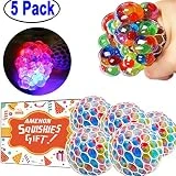 5 Pack Stress Mesh Ball LED Light Up Squeeze Grape Stress Relief Fidget Toy for Adults Kids Anxiety Squeezing Colourful 2.5' Hand Wrist Stress Balls with Orbies Net Holiday Toys